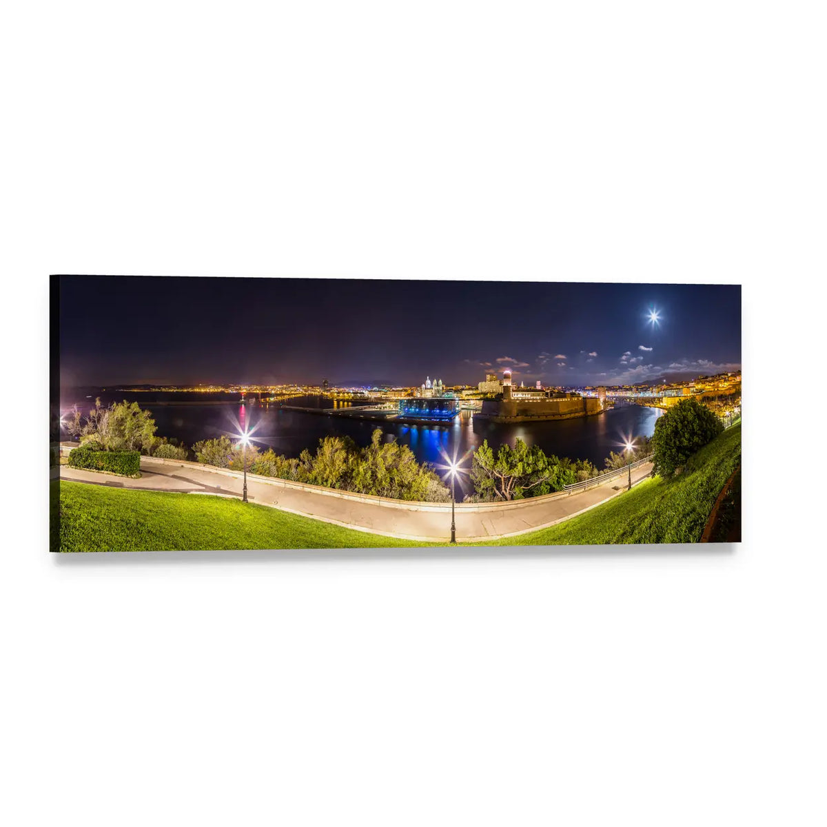 Vieux Port, Marseille at Night Panoramic Canvas Wall Art, single panel gallery wrapped canvas, angled product view