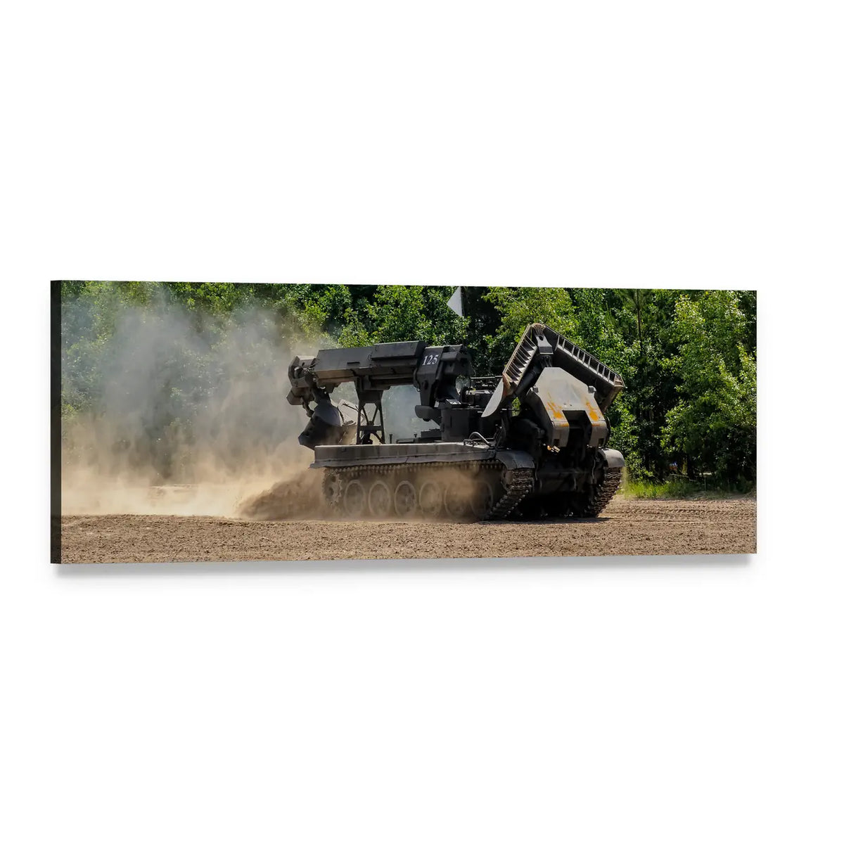 Armored Military Engineering Tank in Motion Panoramic Canvas Wall Art, single panel gallery wrapped canvas, angled product view