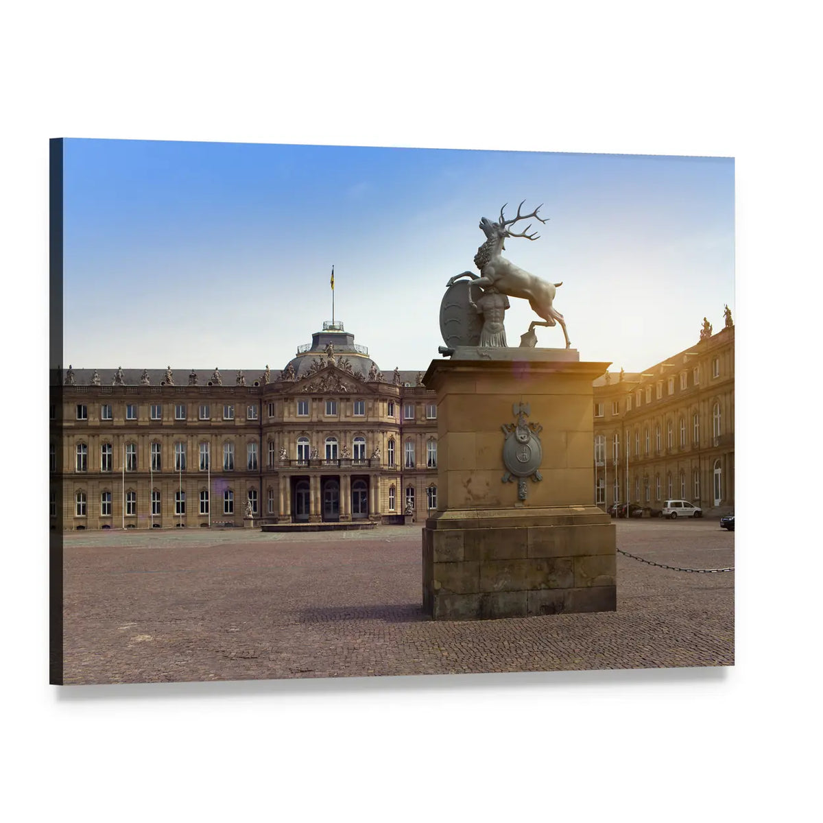 Deer Sculpture in Sunlit German Plaza Canvas Wall Art, single panel gallery wrapped canvas, angled product view