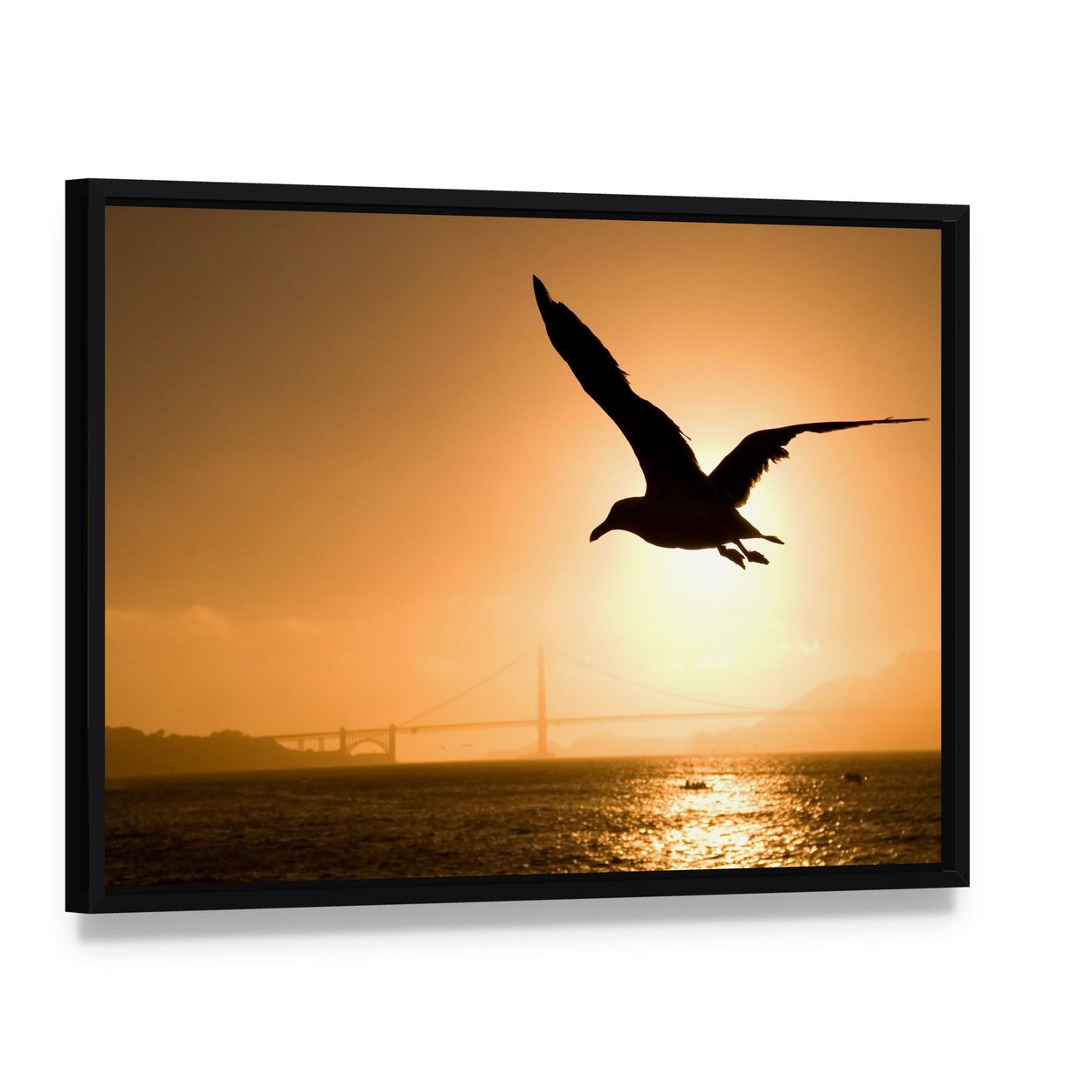 Silhouette of Eagle Canvas Wall Art, framed canvas in a black floater frame, angled product view