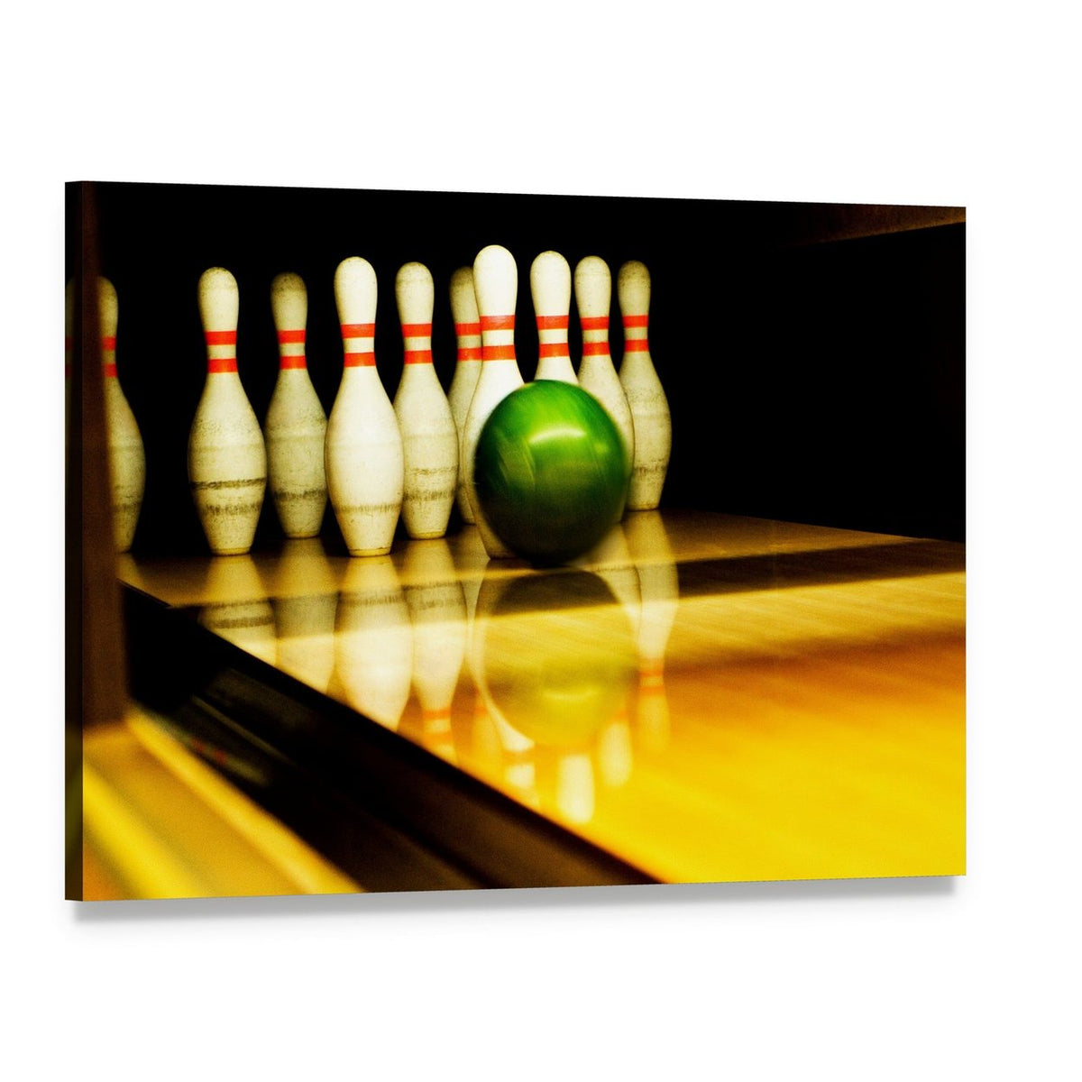 Standing Bowling Pins and Bowl Canvas Wall Art, single panel gallery wrapped canvas, angled product view