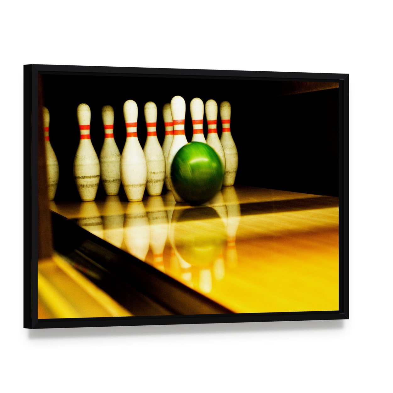 Standing Bowling Pins and Bowl Canvas Wall Art, framed canvas in a black floater frame, angled product view