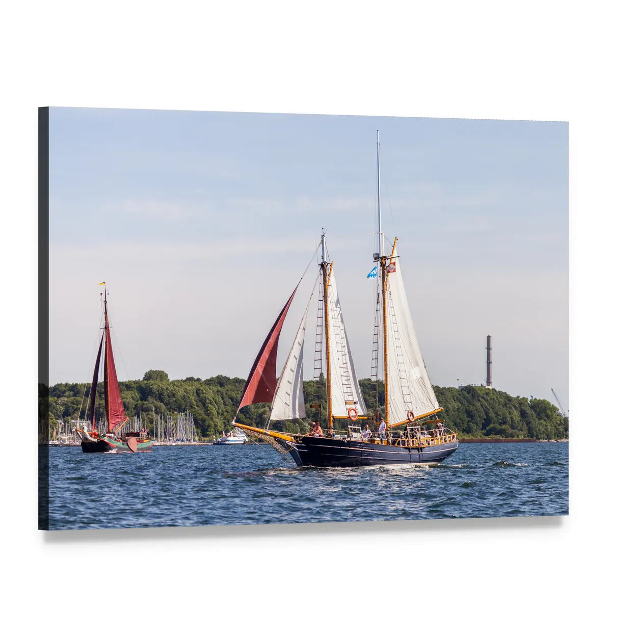 Two Sailboats with Red Sails on Blue Water Canvas Wall Art, single panel gallery wrapped canvas, angled product view