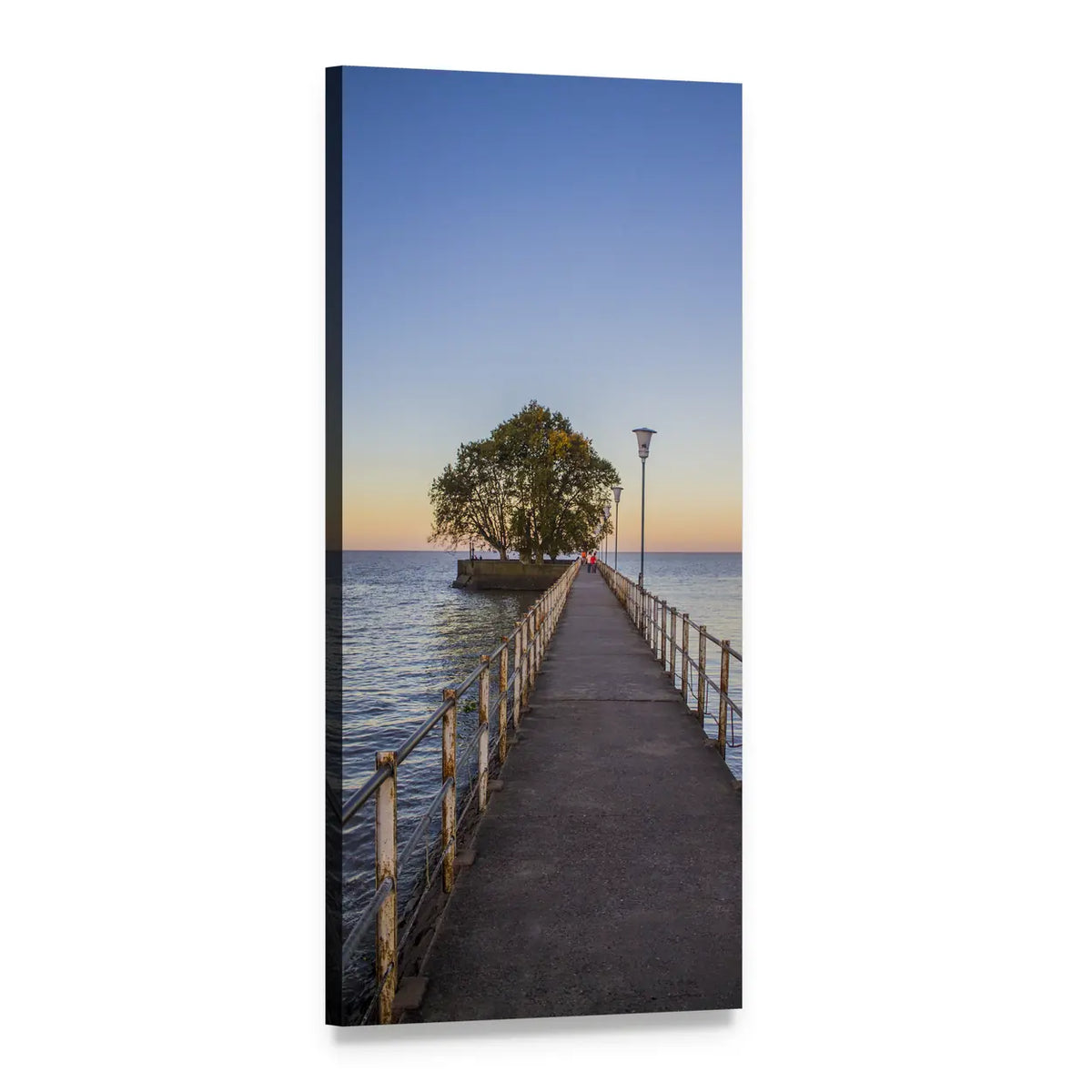 Pier Leading to Island Tree at Sunset Vertical Canvas Wall Art, 1 panel 1 Vertical layout gallery wrapped canvas set, angled product view