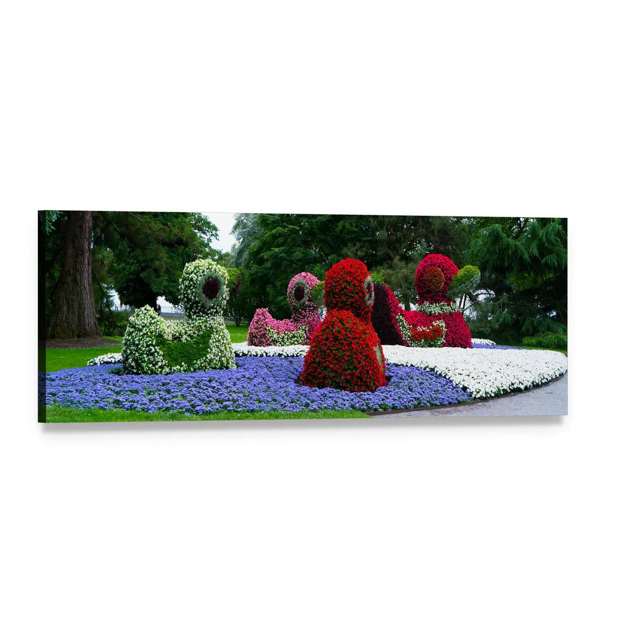 Floral Duck Topiaries in Garden Panoramic Canvas Wall Art, single panel gallery wrapped canvas, angled product view