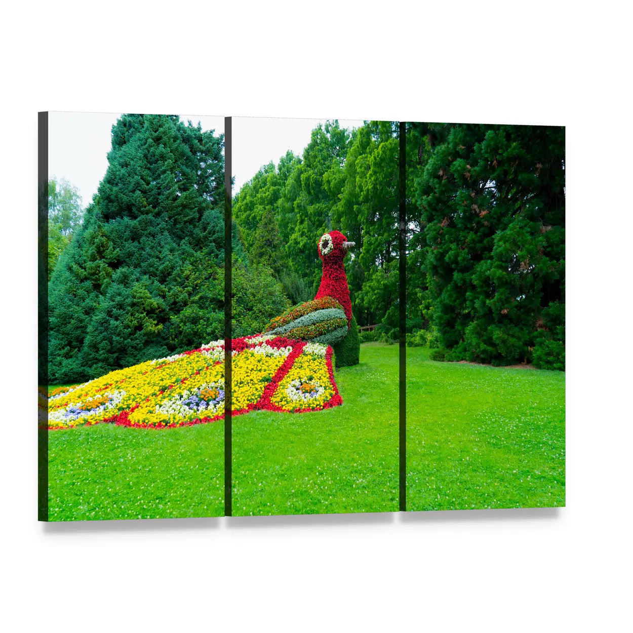 Peacock Made of Flowers Canvas Wall Art, 3 panel 3 Horizontal layout gallery wrapped canvas set, angled product view