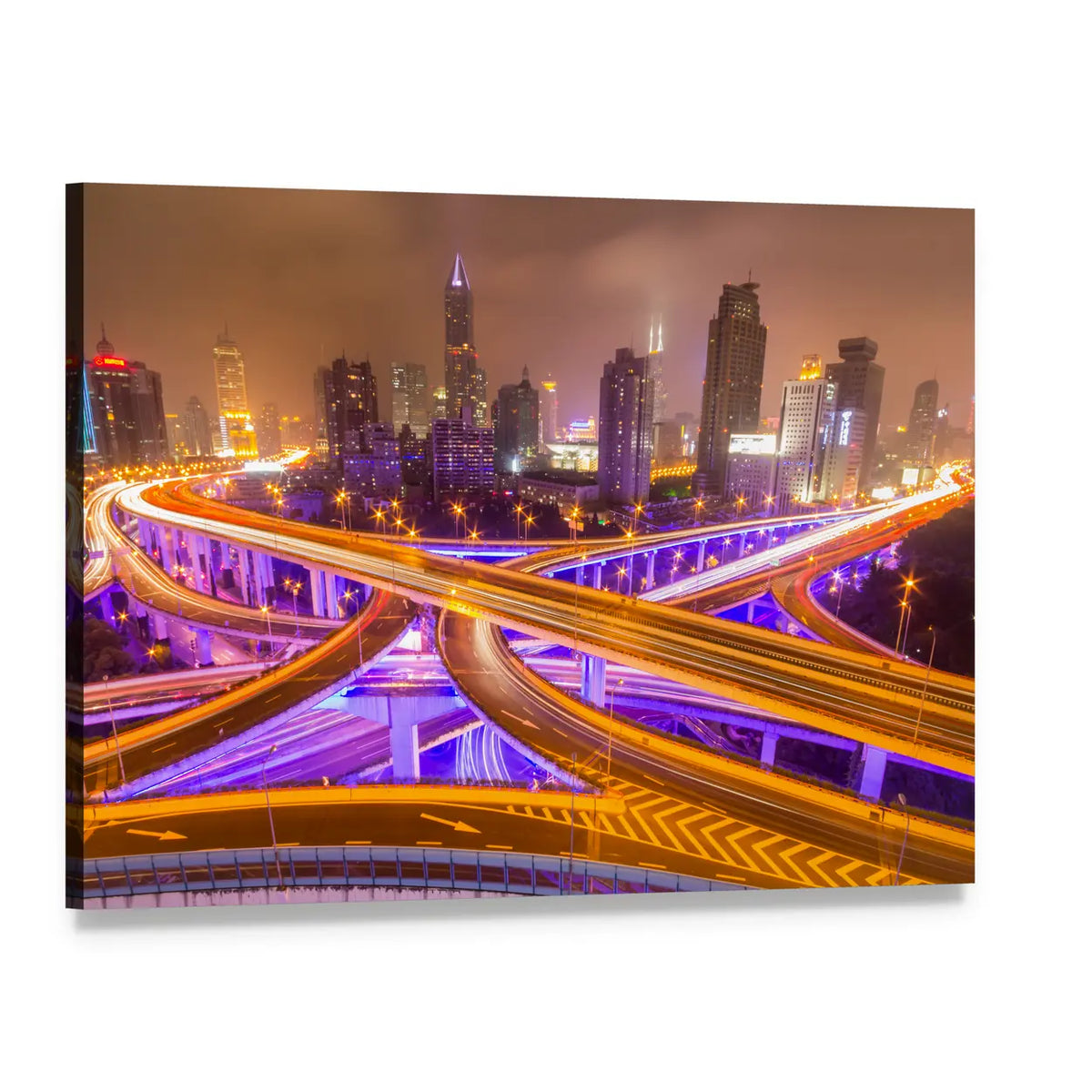 Shanghai Night Interchange with Light Trails Canvas Wall Art, single panel gallery wrapped canvas, angled product view