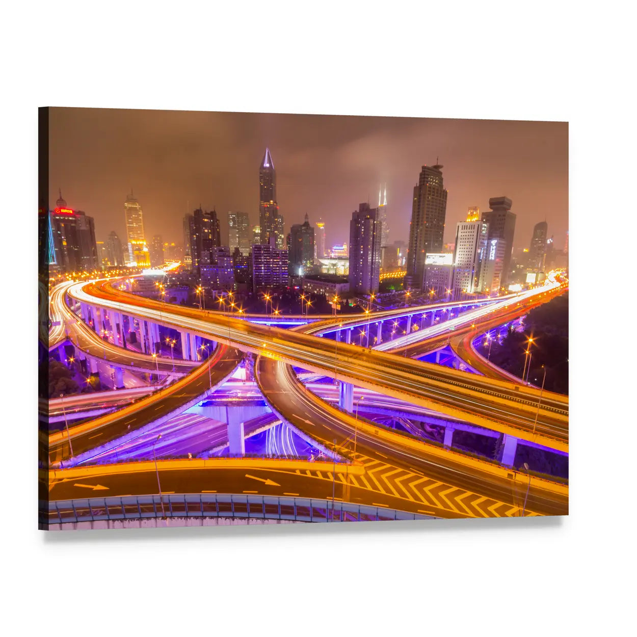 Shanghai Night Interchange with Light Trails Canvas Wall Art, single panel gallery wrapped canvas, angled product view