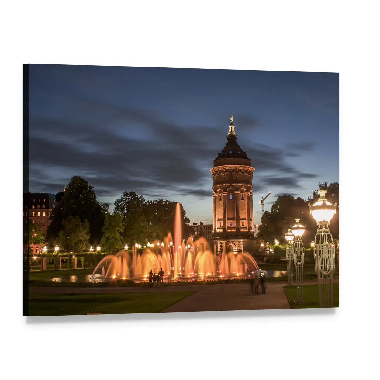 Mannheim Water Tower at Night Canvas Wall Art, single panel gallery wrapped canvas, angled product view