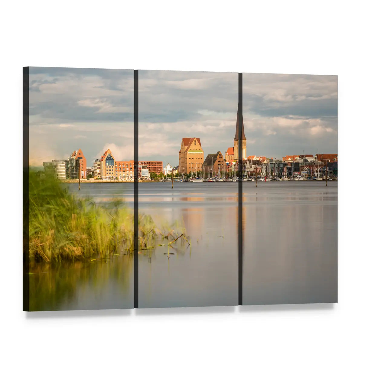 River View with Church Steeple Canvas Wall Art, 3 panel 3 Horizontal layout gallery wrapped canvas set, angled product view