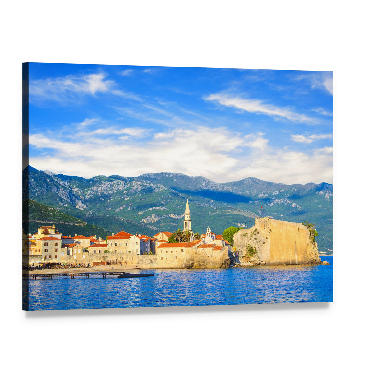 Budva Old Town Fortress by the Sea Canvas Wall Art, single panel gallery wrapped canvas, angled product view