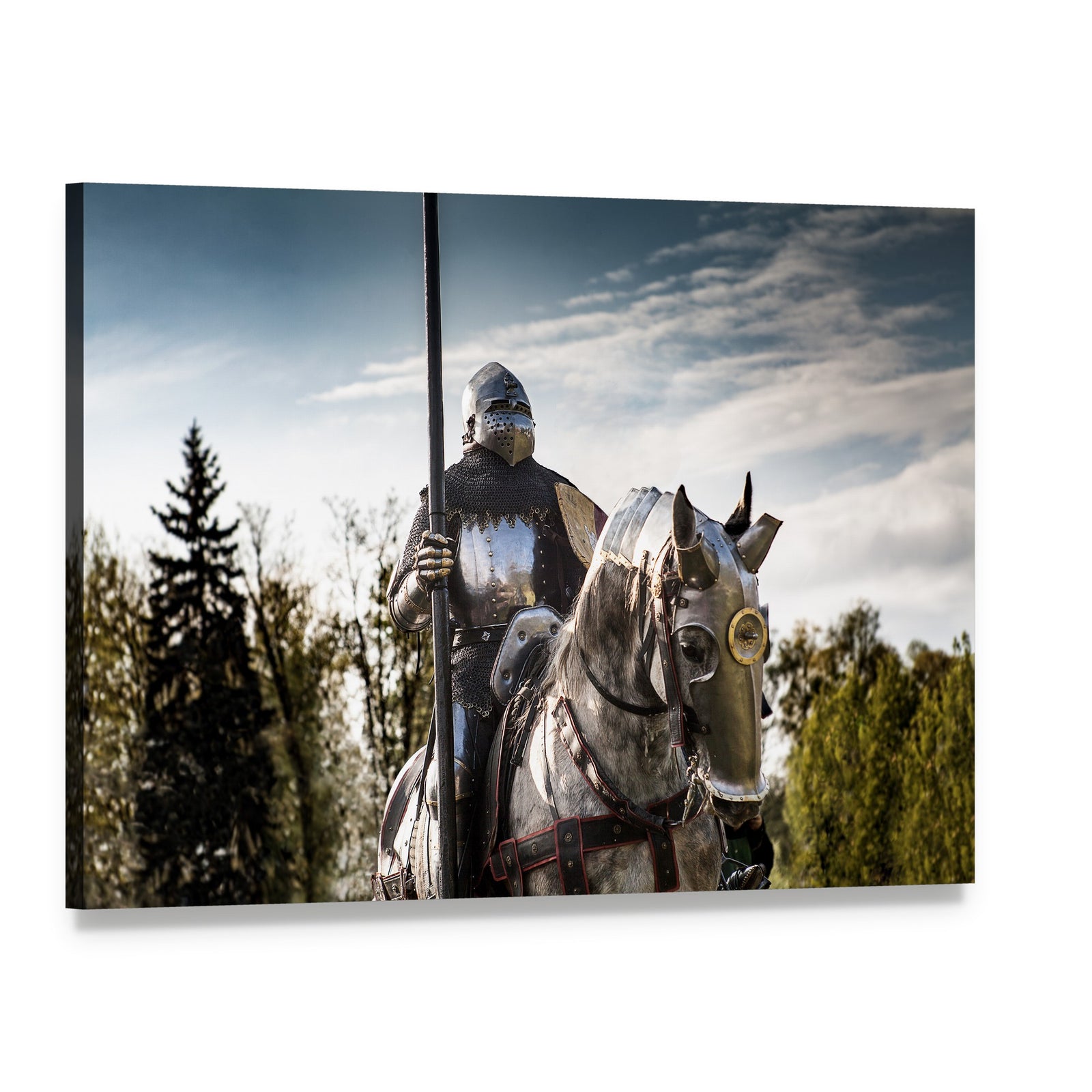 Armored Knight on Horse with Lance Canvas Wall Art, single panel gallery wrapped canvas, angled product view