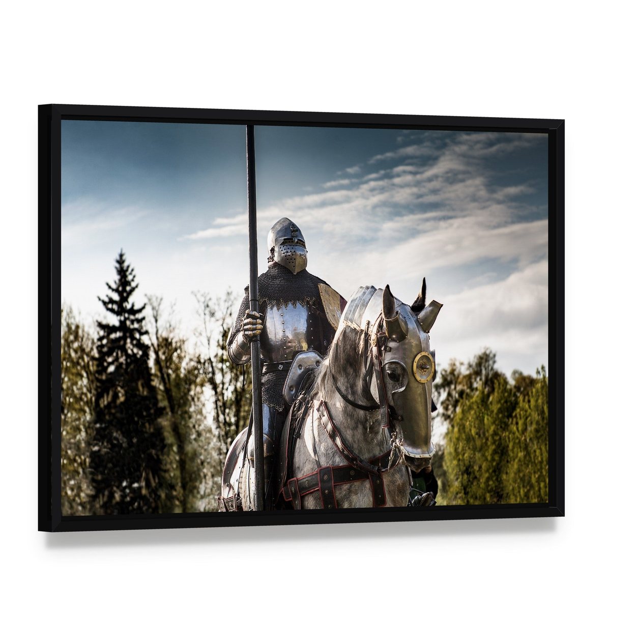 Armored Knight on Horse with Lance Canvas Wall Art, framed canvas in a black floater frame, angled product view