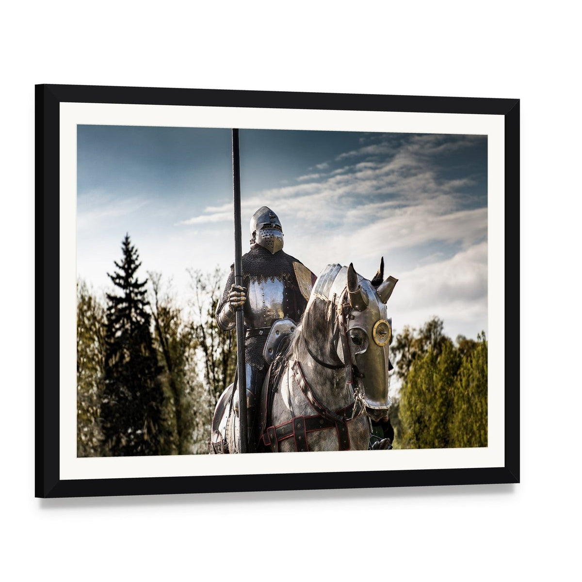 Armored Knight on Horse with Lance Canvas Wall Art, framed print with white mat and black frame, angled product view