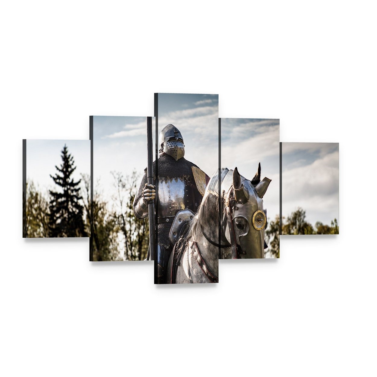 Armored Knight on Horse with Lance Canvas Wall Art, 5 panel 5 Star layout gallery wrapped canvas set, angled product view