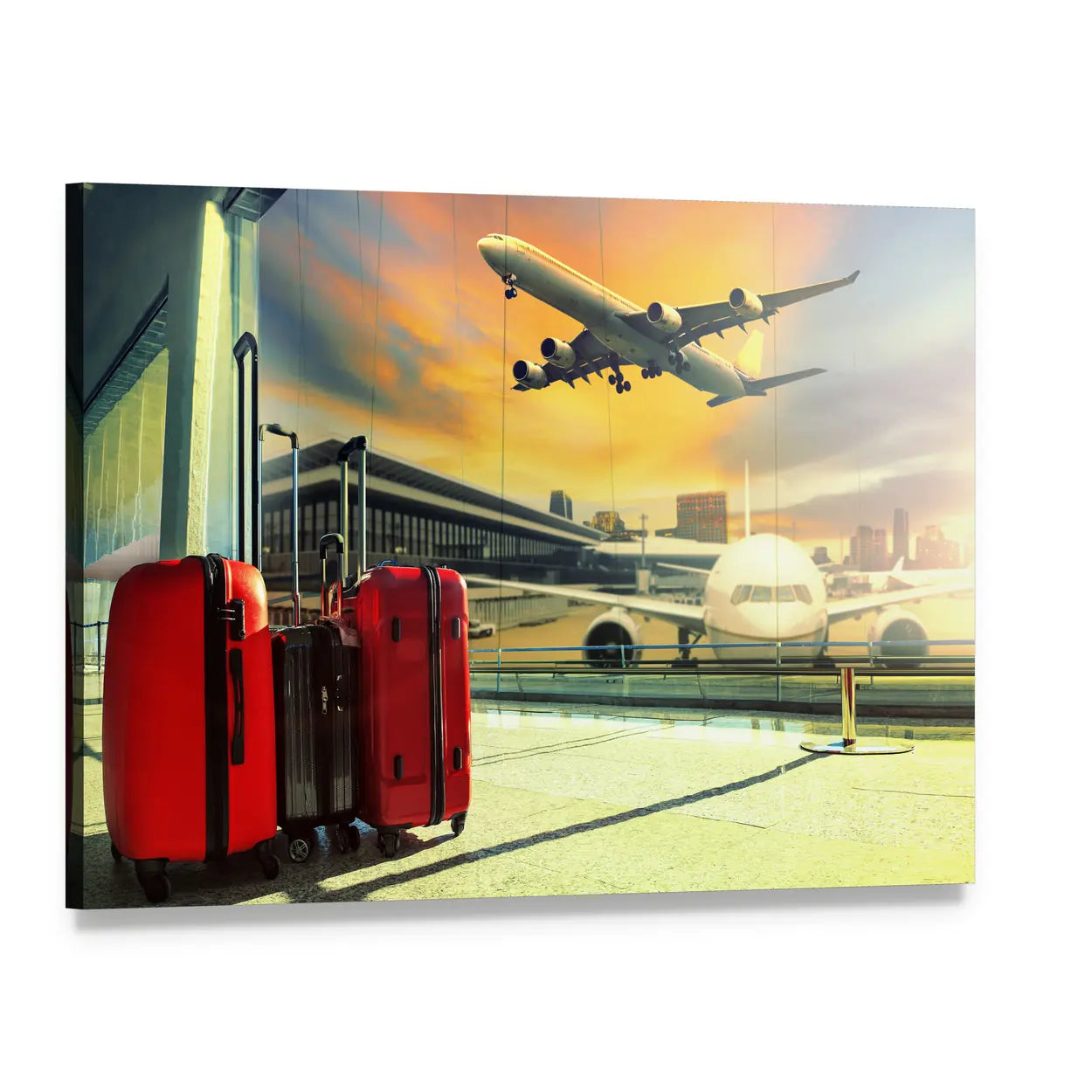 Red Suitcases and Plane at Sunset Canvas Wall Art, single panel gallery wrapped canvas, angled product view