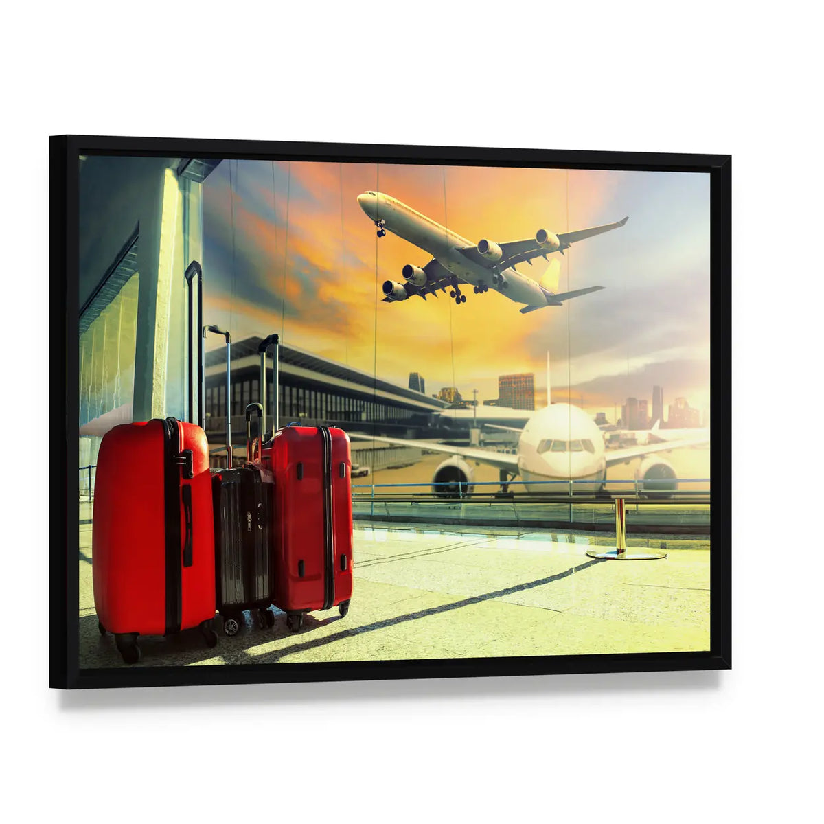 Red Suitcases and Plane at Sunset Canvas Wall Art, framed canvas in a black floater frame, angled product view