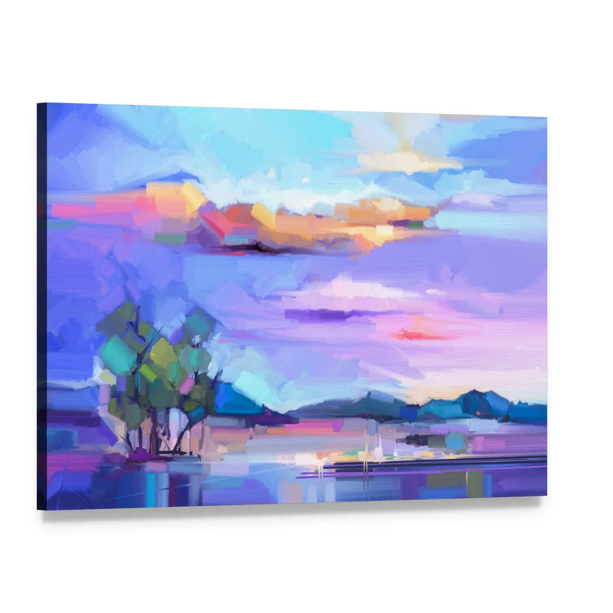 Sunset Lakeside Semi-abstract Landscape Canvas Wall Art, single panel gallery wrapped canvas, angled product view