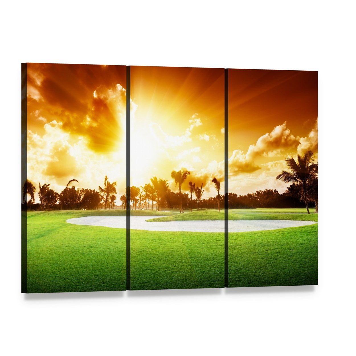Sunset on Golf Field Canvas Wall Art, 3 panel 3 Horizontal layout gallery wrapped canvas set, angled product view