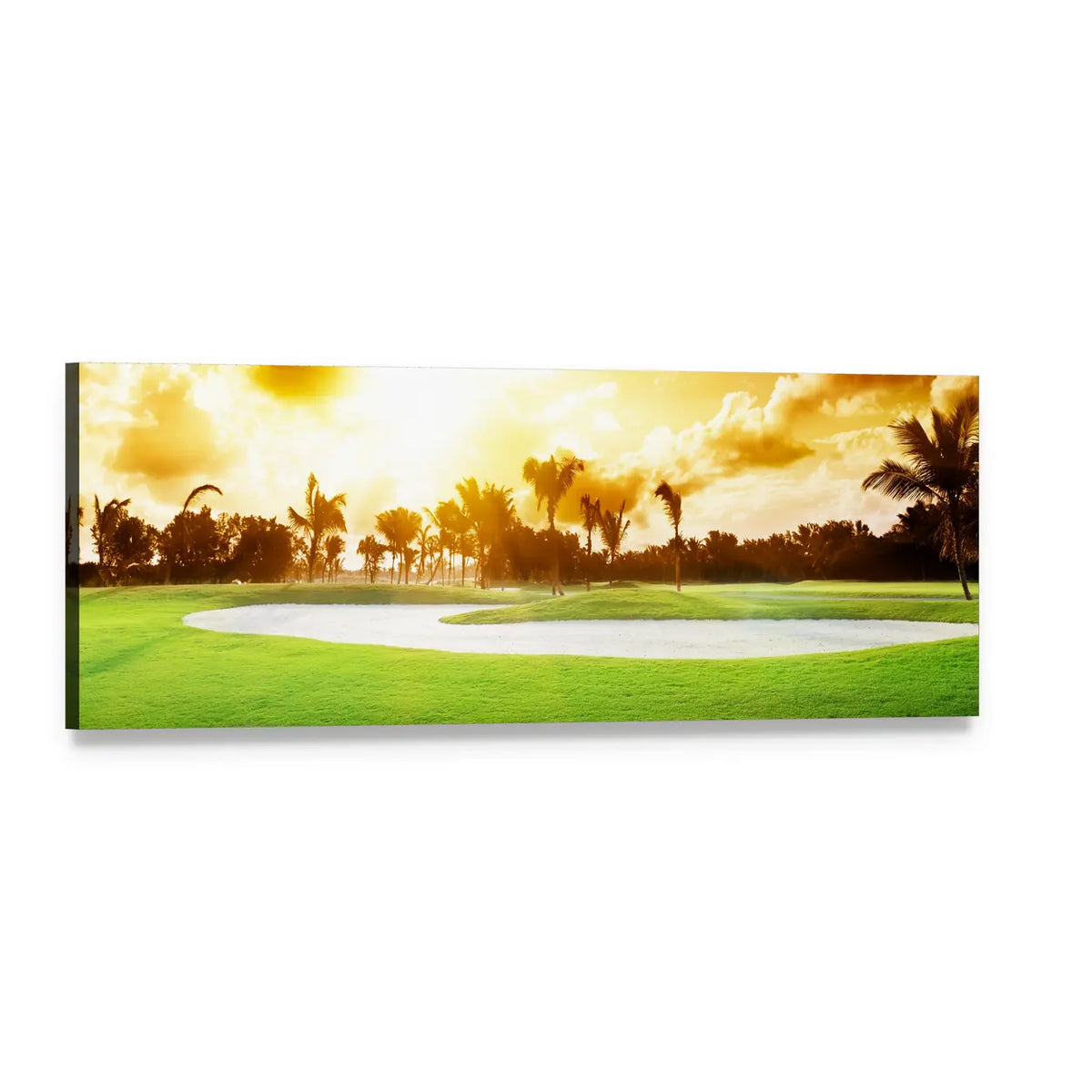 Sunset Over Golf Course with Palm Trees Panoramic Canvas Wall Art, single panel gallery wrapped canvas, angled product view