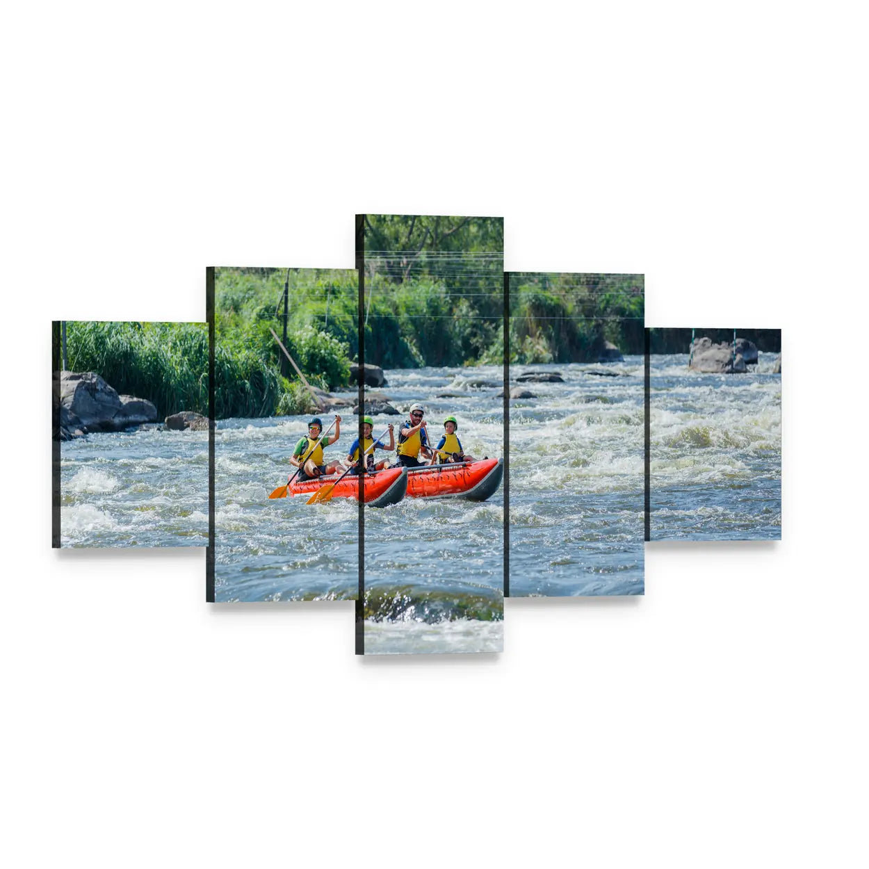Family Rafting on Whitewater Rapids Canvas Wall Art, 5 panel 5 Star layout gallery wrapped canvas set, angled product view