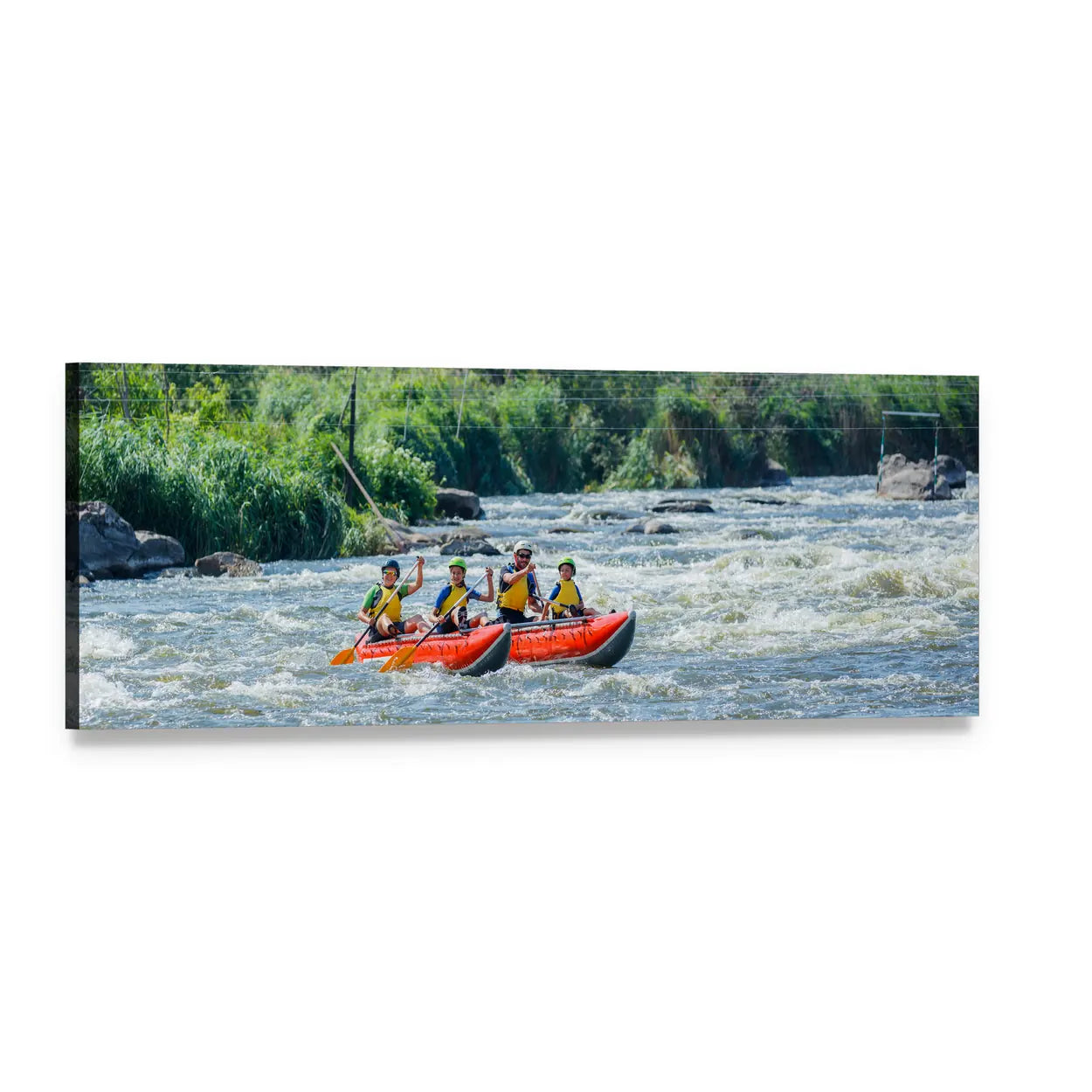 Family White-water Rafting Panoramic Canvas Wall Art, single panel gallery wrapped canvas, angled product view