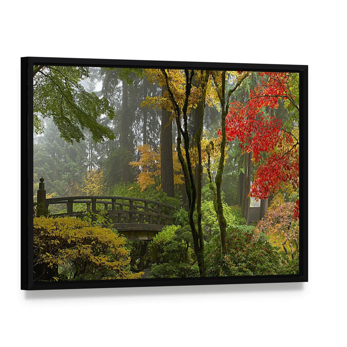 Wooden Bridge at Japanese Garden Canvas Wall Art, framed canvas in a black floater frame, angled product view
