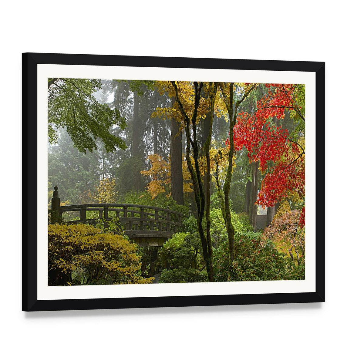 Wooden Bridge at Japanese Garden Canvas Wall Art, framed print with white mat and black frame, angled product view