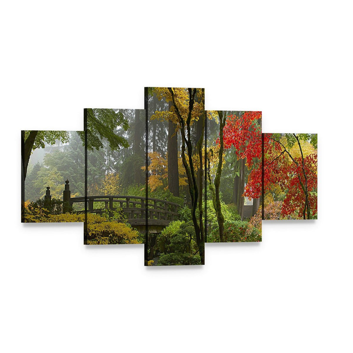 Wooden Bridge at Japanese Garden Canvas Wall Art, 5 panel 5 Star layout gallery wrapped canvas set, angled product view