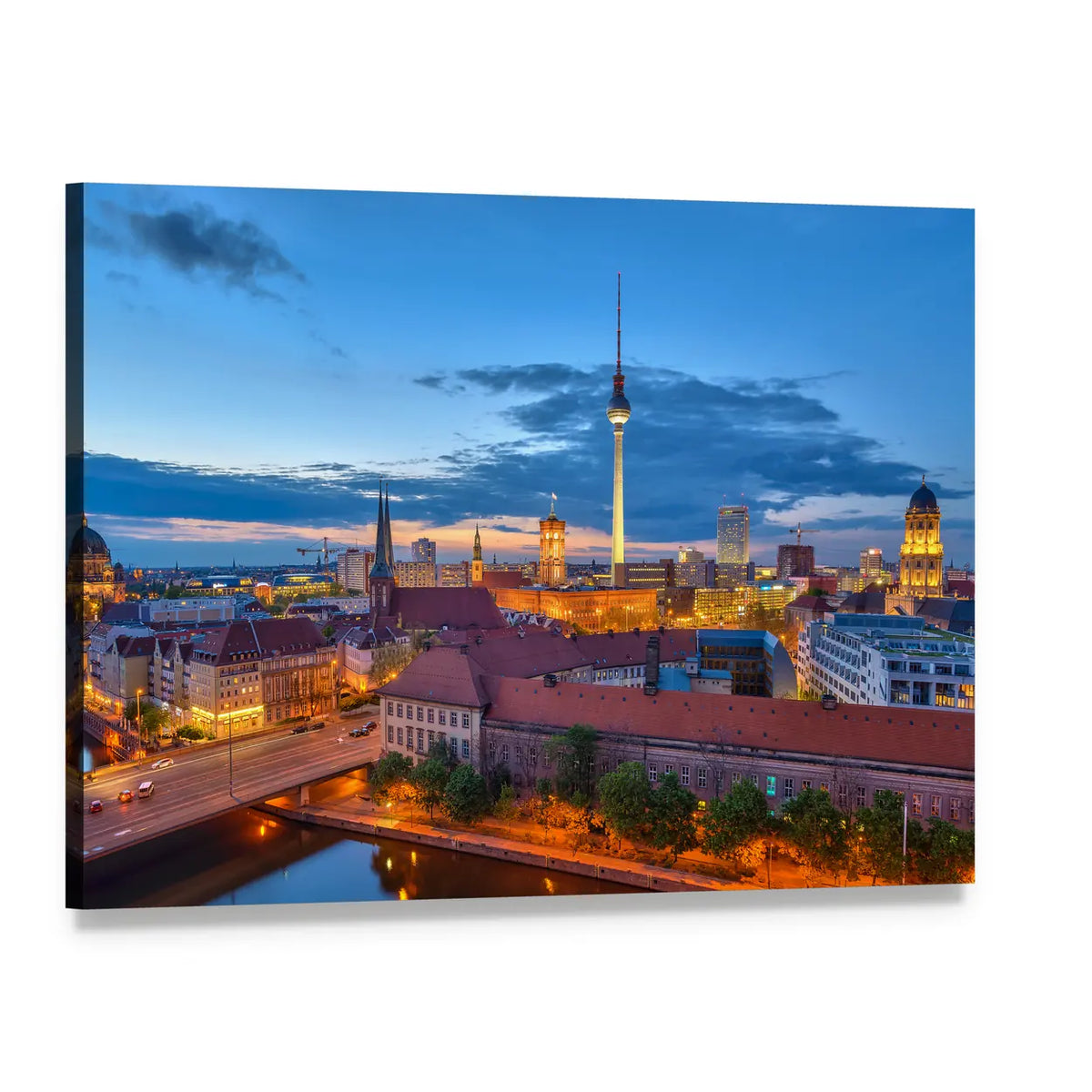 Berlin Skyline at Twilight Canvas Wall Art, single panel gallery wrapped canvas, angled product view