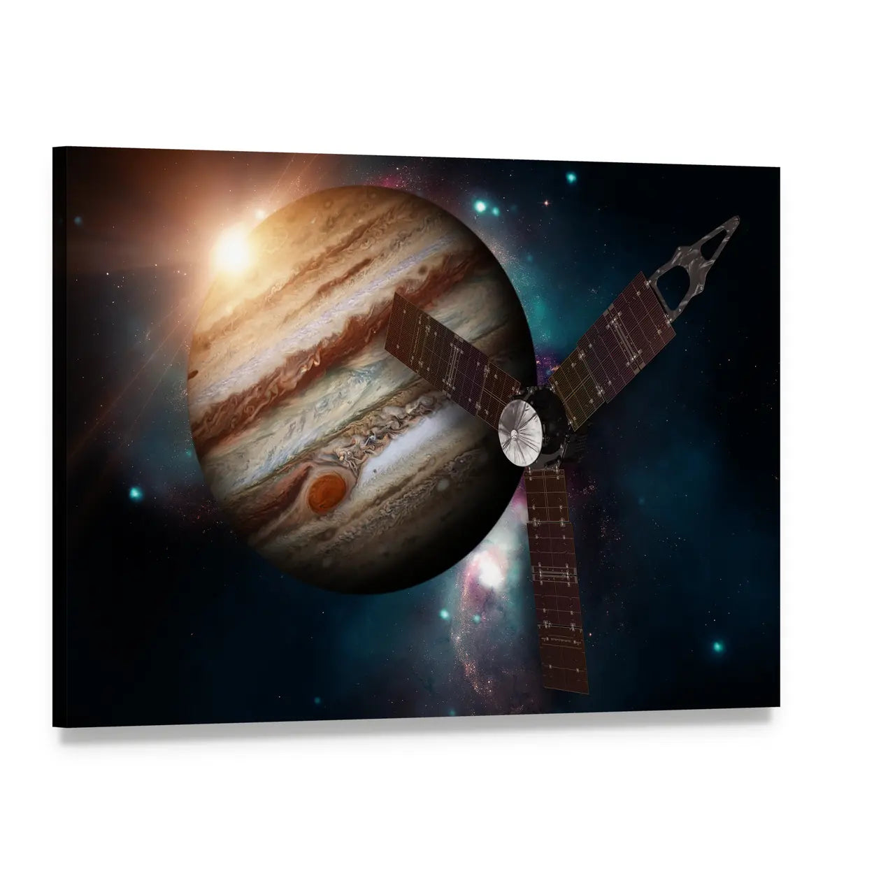 Juno Spacecraft and Jupiter Canvas Wall Art, single panel gallery wrapped canvas, angled product view