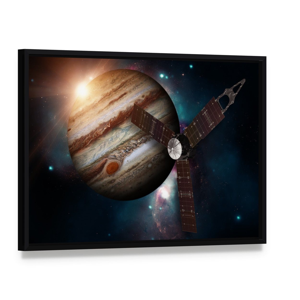Juno Spacecraft & Jupiter Canvas Wall Art, framed canvas in a black floater frame, angled product view