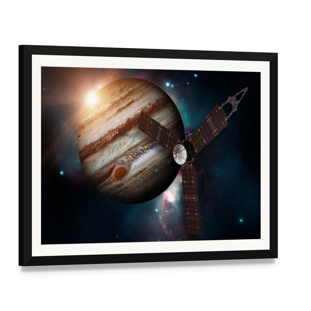 Juno Spacecraft & Jupiter Canvas Wall Art, framed print with white mat and black frame, angled product view