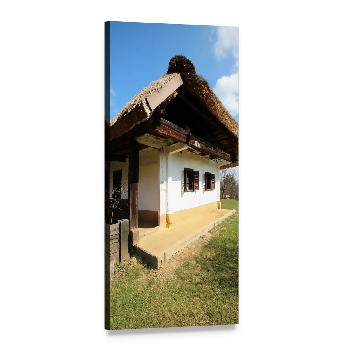 Thatched Cottage in Spring Grass Vertical Canvas Wall Art, 1 panel 1 Vertical layout gallery wrapped canvas set, angled product view