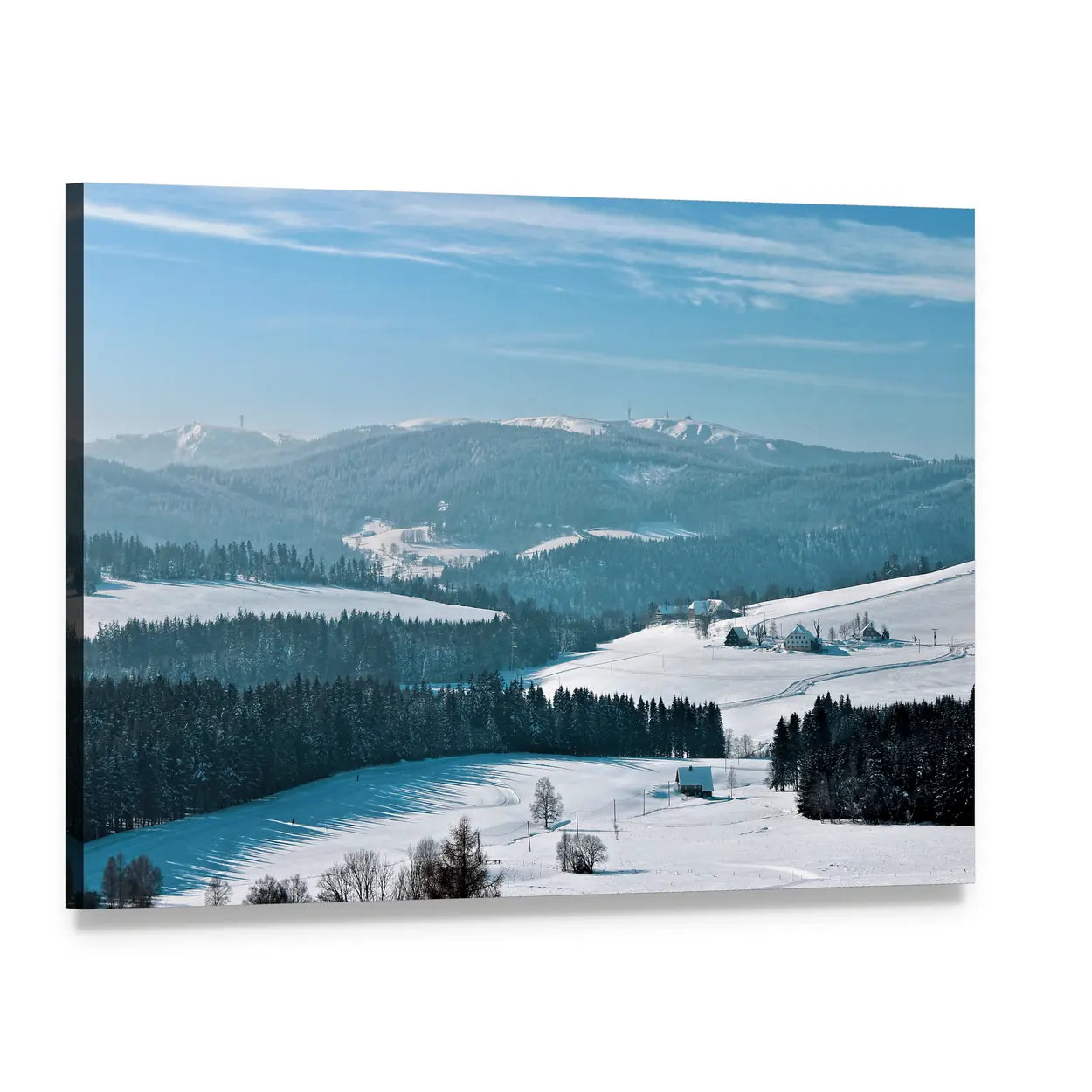 Winter Snow-capped Mountains and Pine Forest Canvas Wall Art, single panel gallery wrapped canvas, angled product view