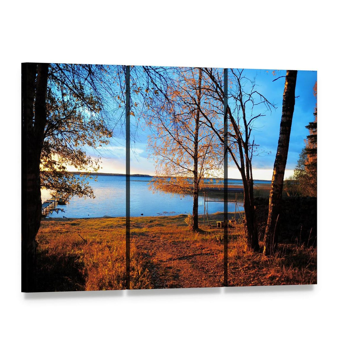 Autumn Lake with Tall Grass Canvas Wall Art, 3 panel 3 Horizontal layout gallery wrapped canvas set, angled product view