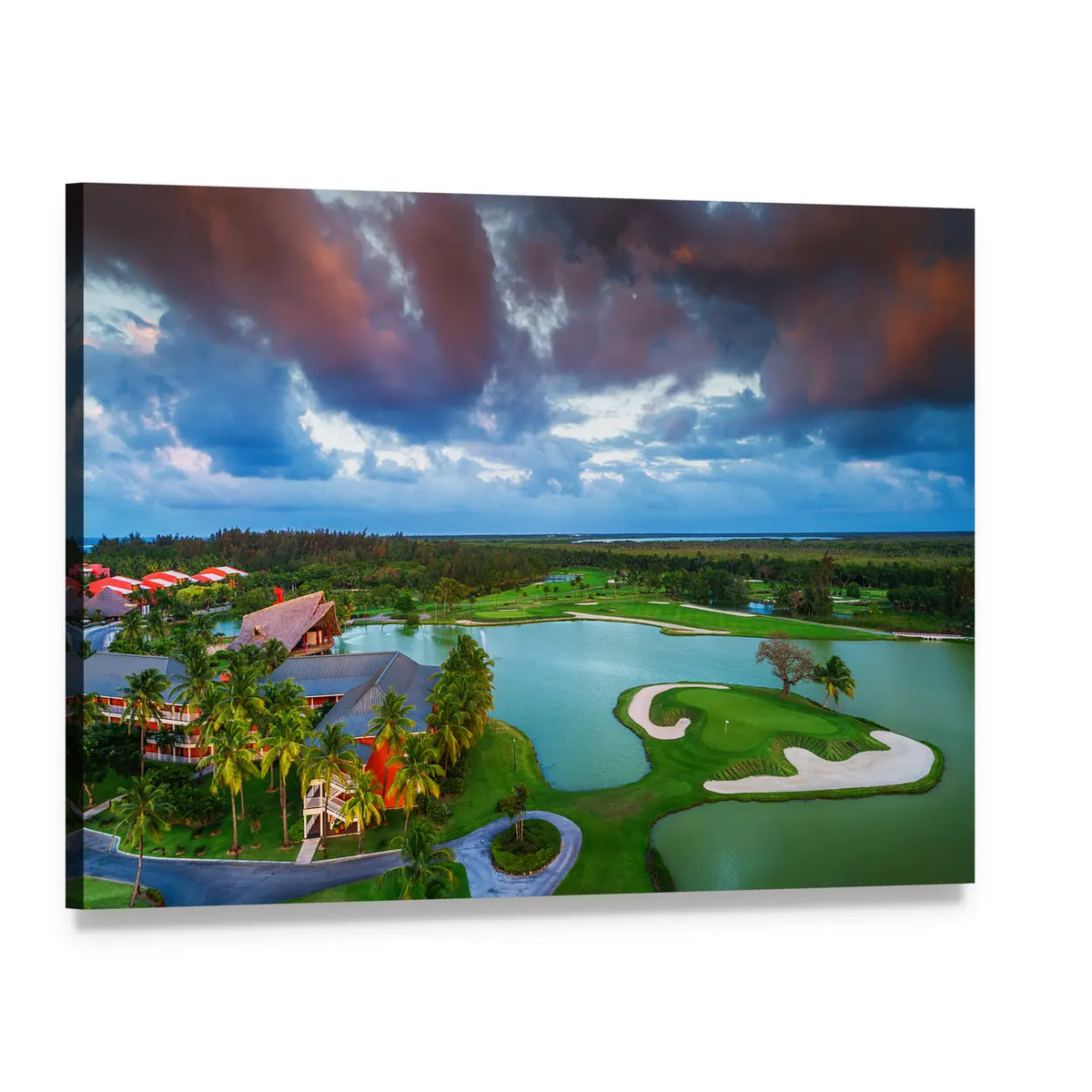Sunset Tropical Golf Course Aerial View Canvas Wall Art, single panel gallery wrapped canvas, angled product view
