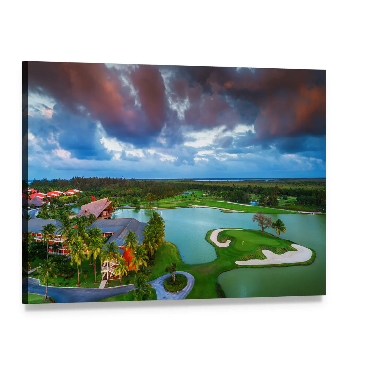 Sunset Tropical Golf Course Aerial View Canvas Wall Art, single panel gallery wrapped canvas, angled product view