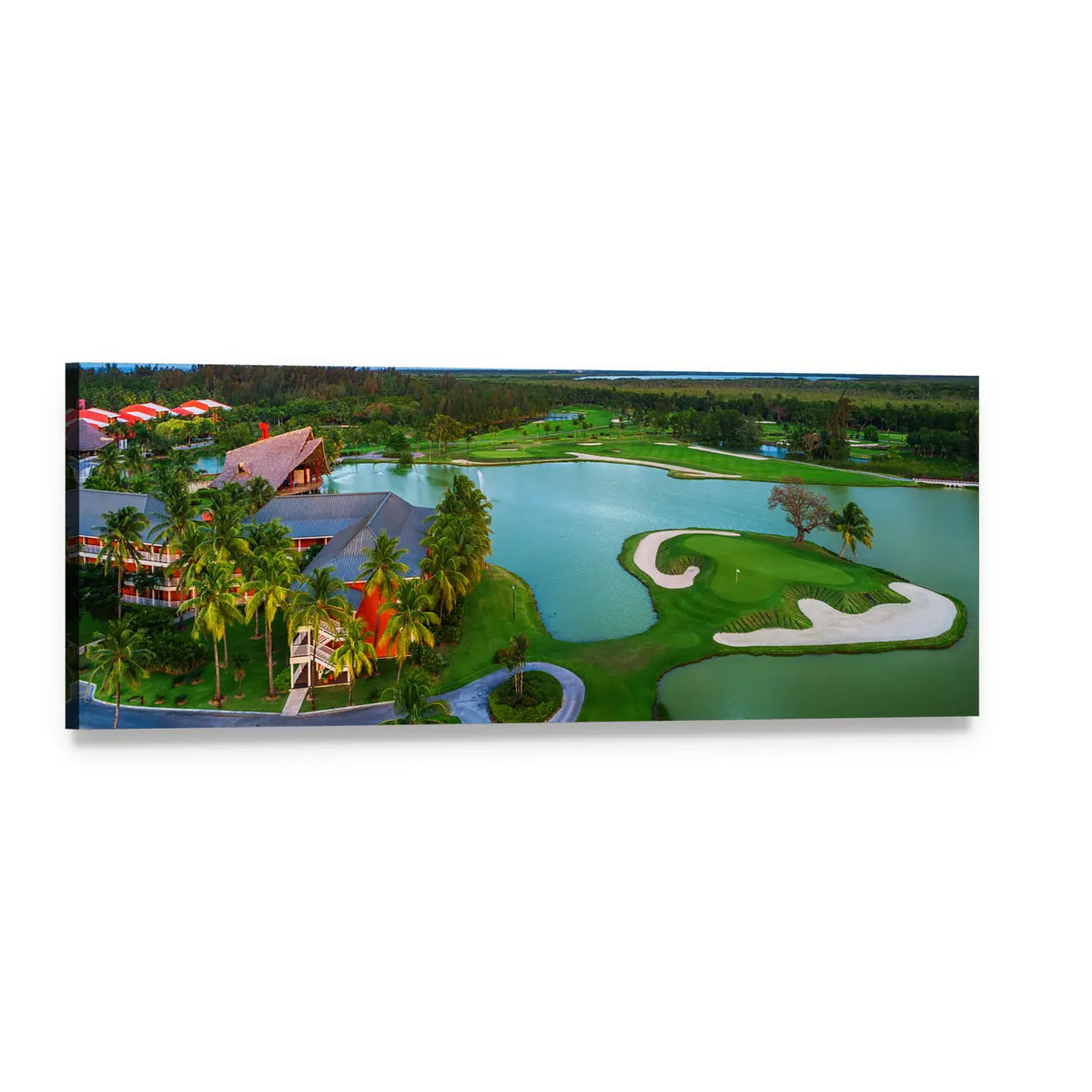 Tropical Golf Course in Dominican Republic Panoramic Canvas Wall Art, single panel gallery wrapped canvas, angled product view