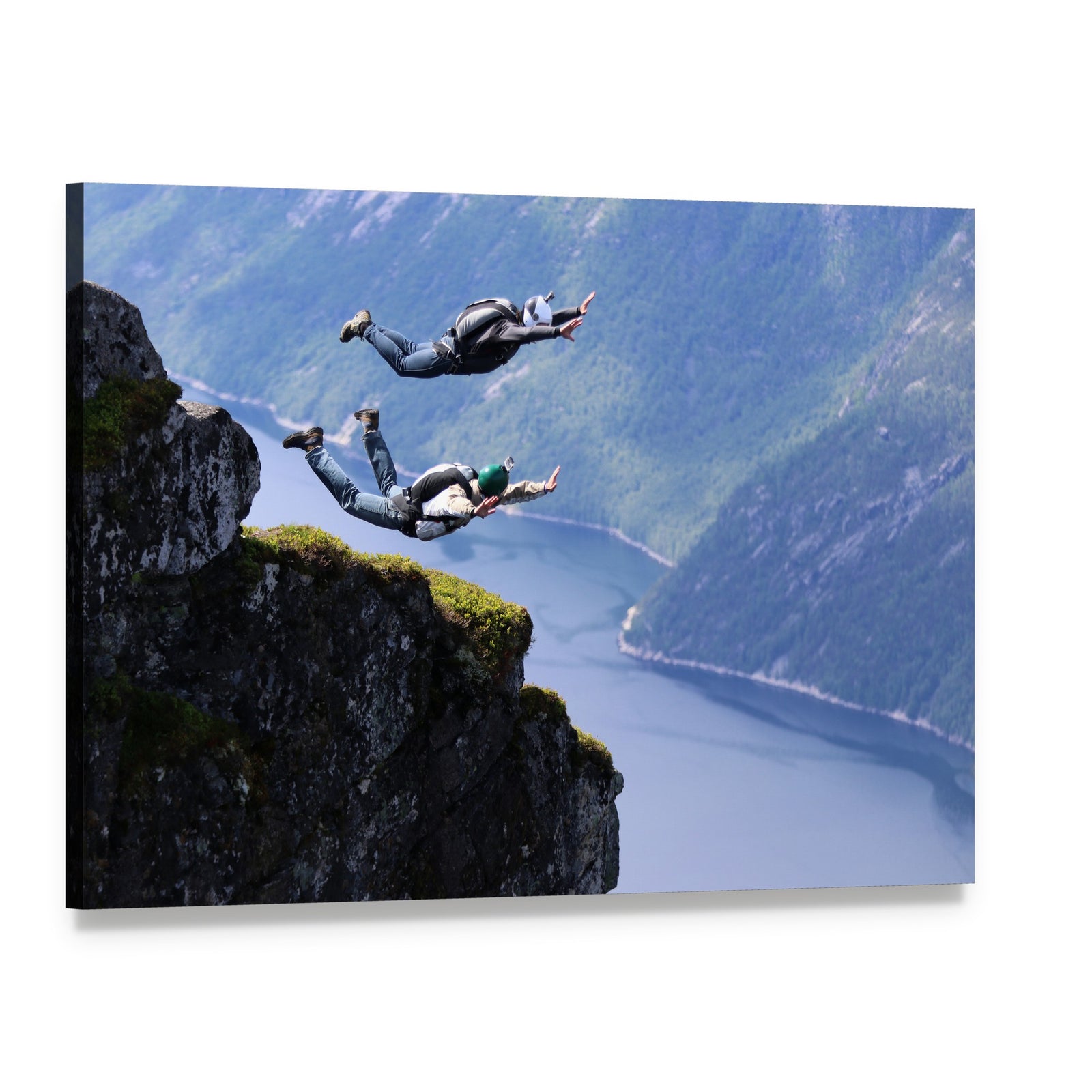 Wingsuit Flying Over Norwegian Landscape Canvas Wall Art, single panel gallery wrapped canvas, angled product view