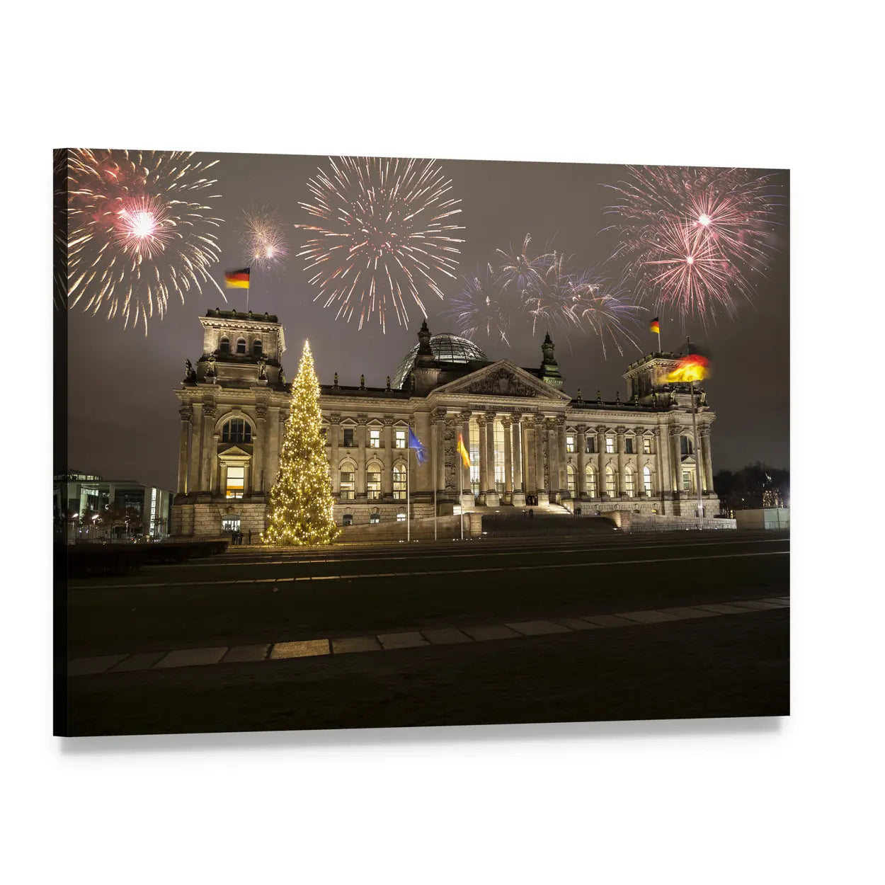 Reichstag with Fireworks and Christmas Tree Canvas Wall Art, single panel gallery wrapped canvas, angled product view