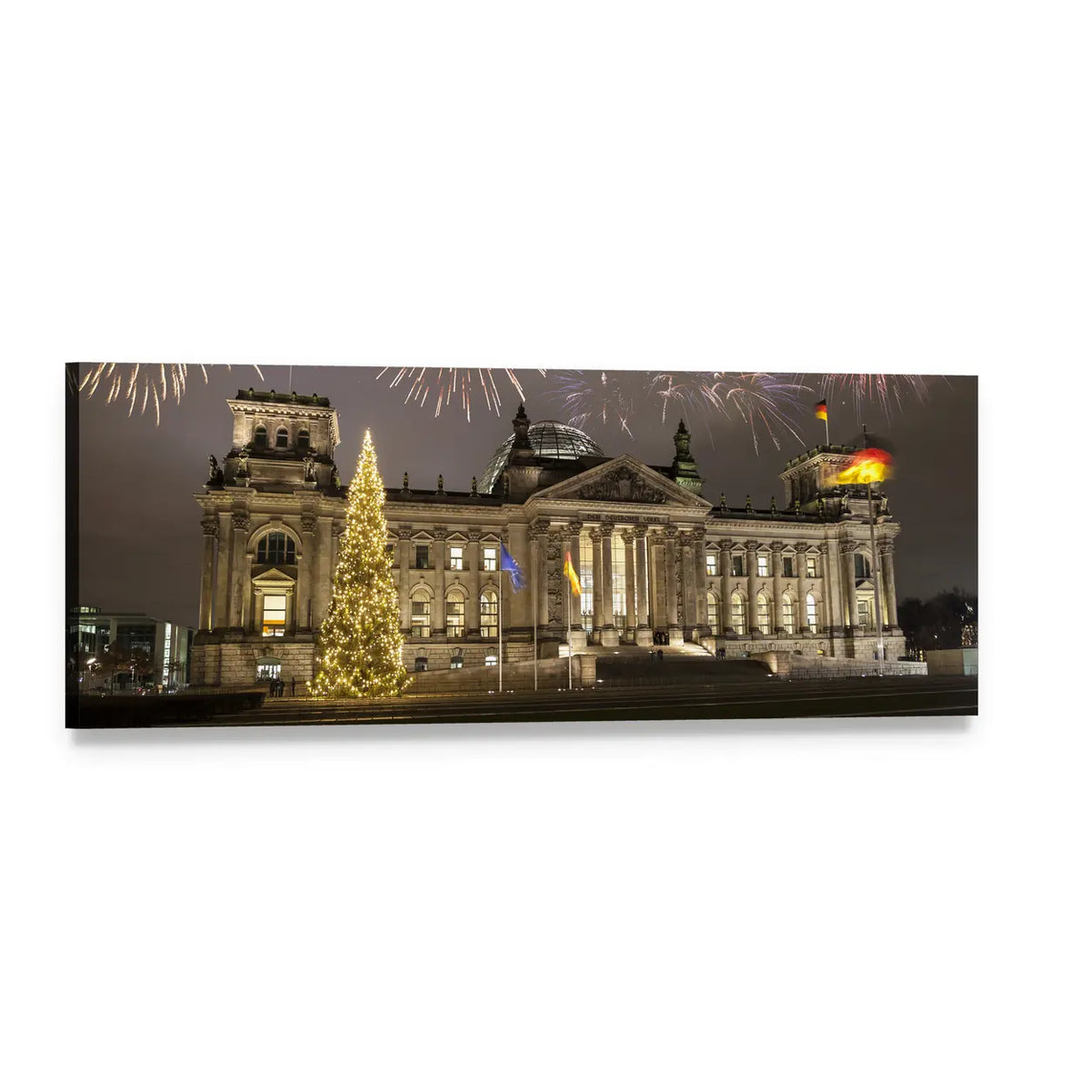 Reichstag at Night with Fireworks Panoramic Canvas Wall Art, single panel gallery wrapped canvas, angled product view