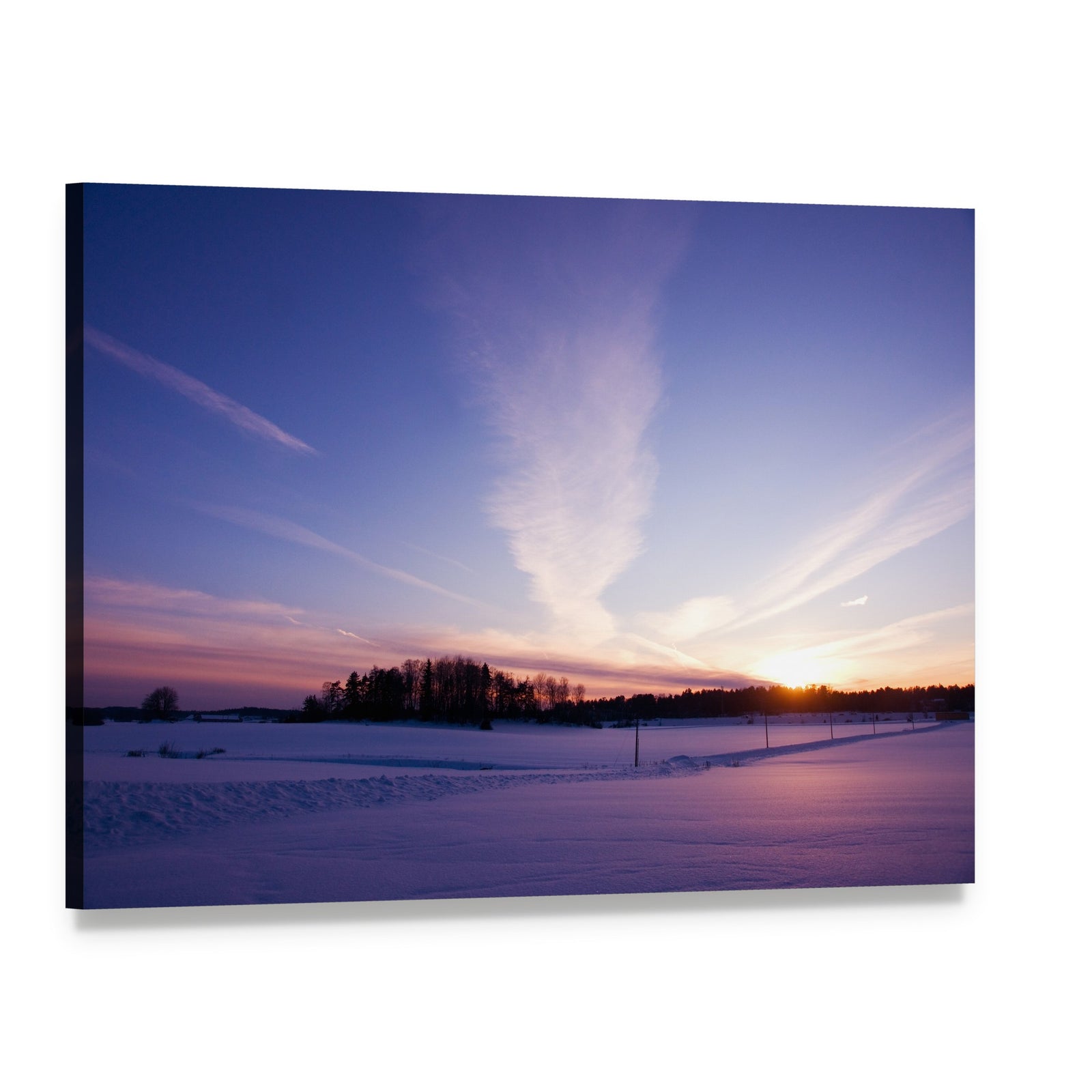 Winter Sunset Over Snowy Field Canvas Wall Art, single panel gallery wrapped canvas, angled product view