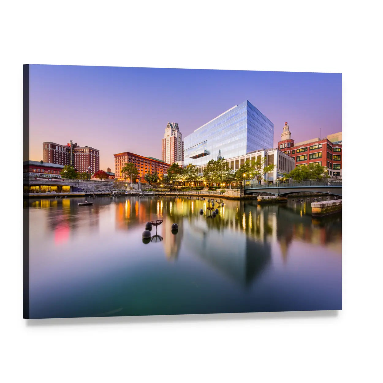 Providence Skyline at Blue Hour Canvas Wall Art, single panel gallery wrapped canvas, angled product view
