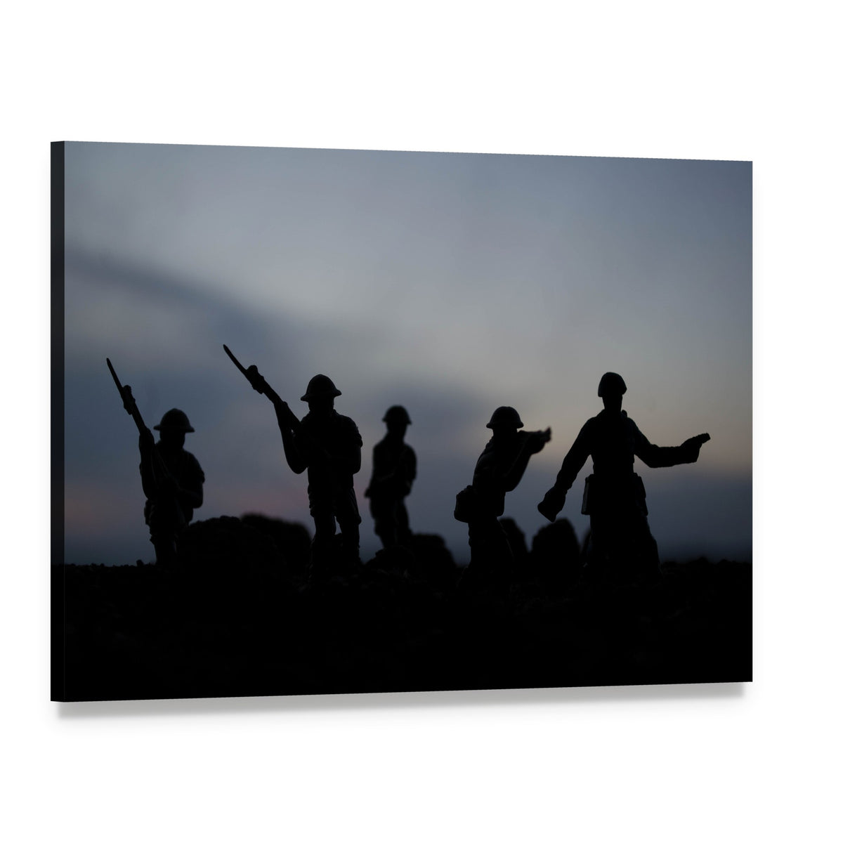 Soldiers in Formation at Dusk Canvas Wall Art, single panel gallery wrapped canvas, angled product view