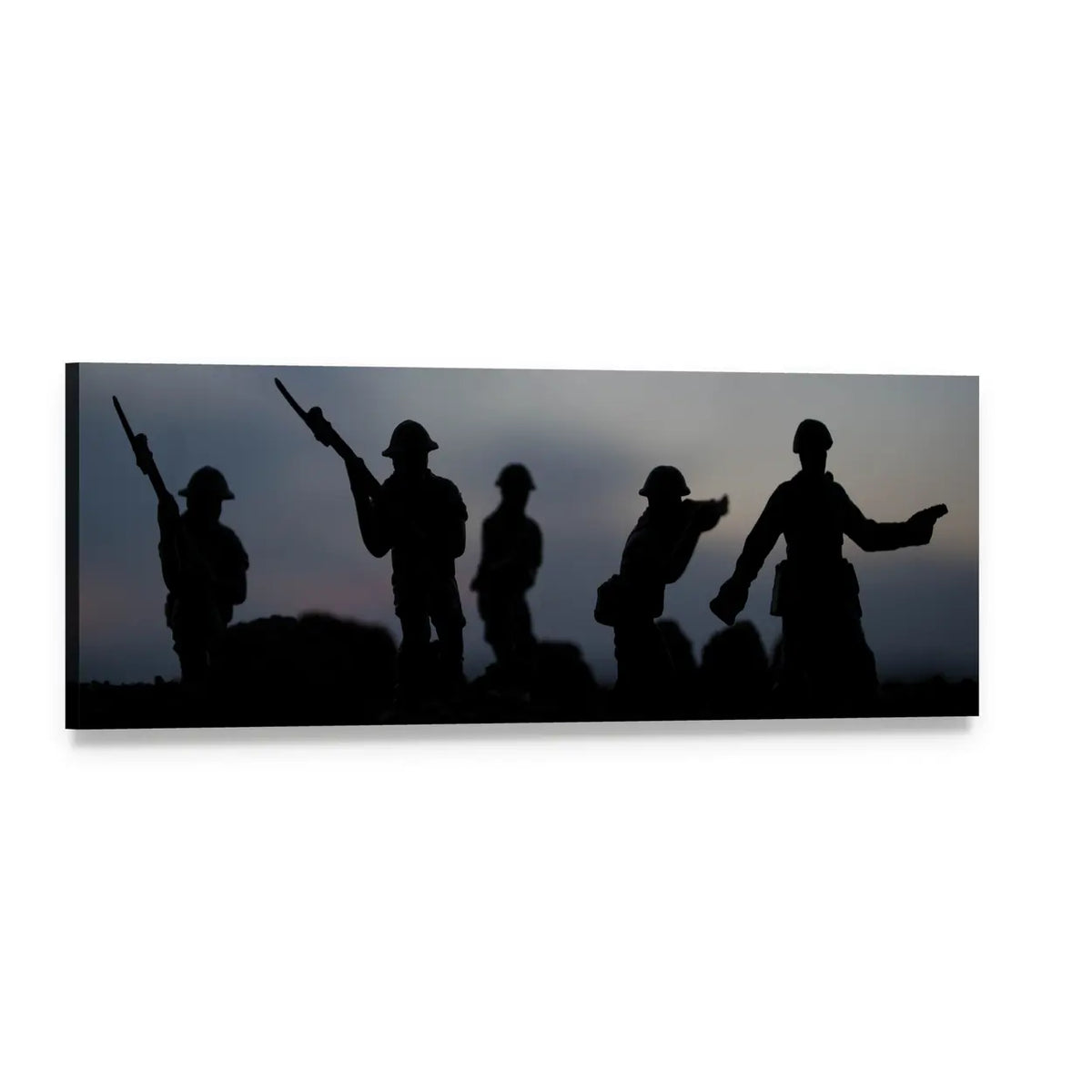 Soldiers Fighting Silhouettes at Dusk Panoramic Canvas Wall Art, single panel gallery wrapped canvas, angled product view