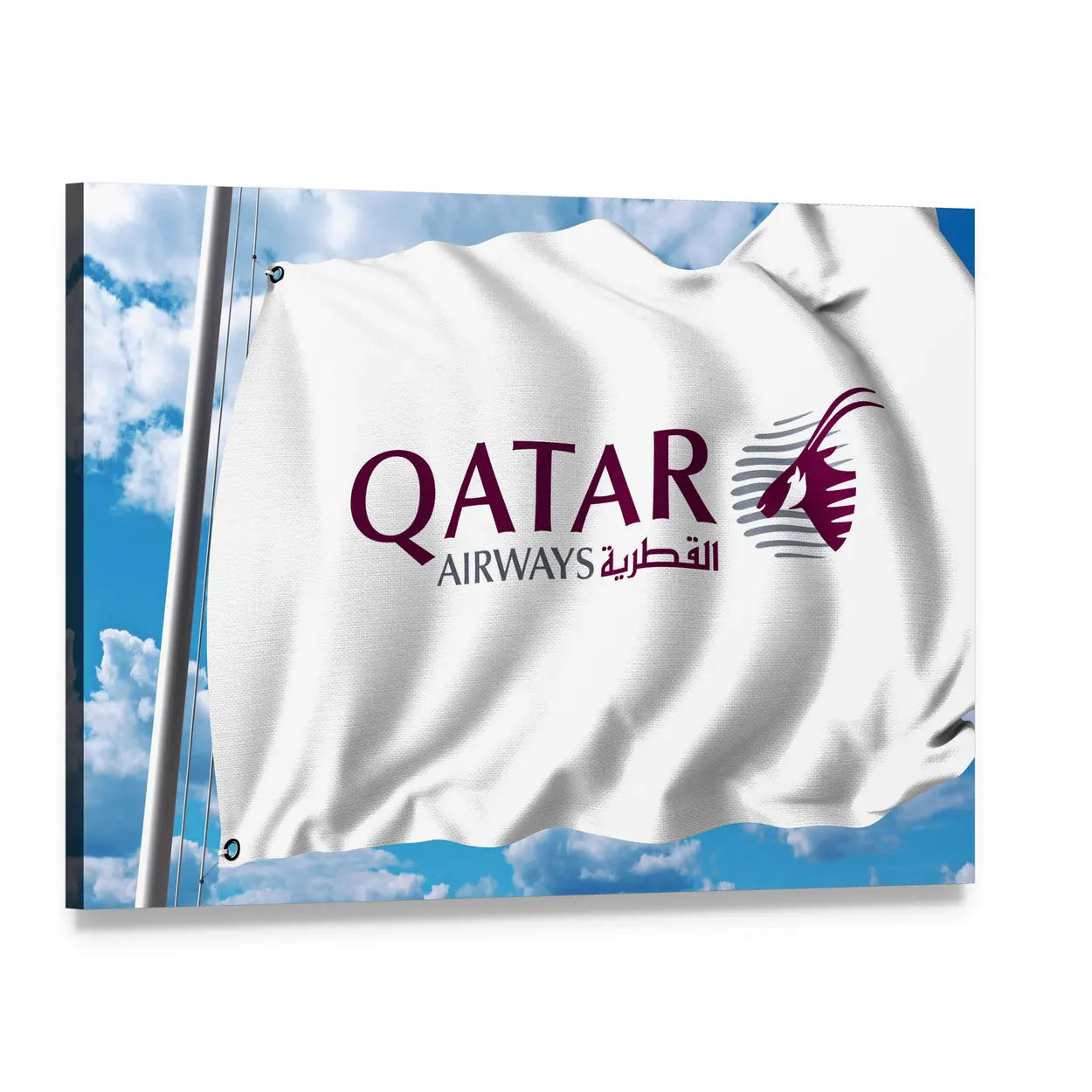 Qatar Airways Flag Against Sky Canvas Wall Art, single panel gallery wrapped canvas, angled product view
