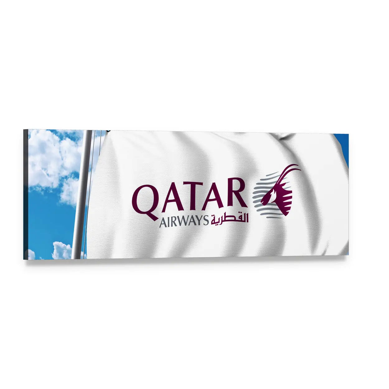Qatar Airways Flag Close-up Panoramic Canvas Wall Art, single panel gallery wrapped canvas, angled product view