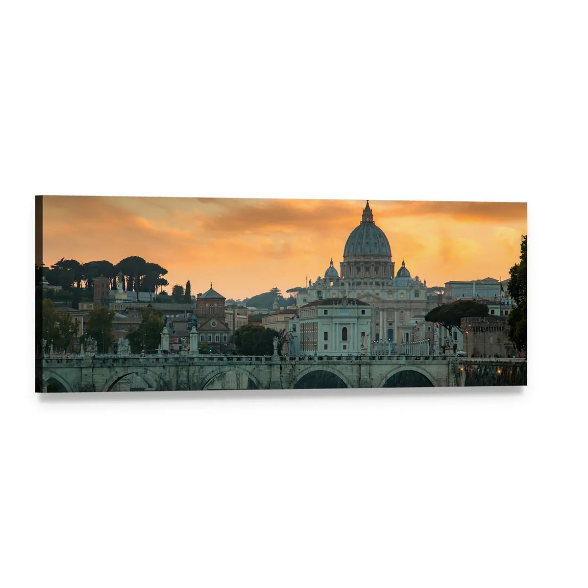 Vatican City Sunset with St. Peter's Dome Panoramic Canvas Wall Art, single panel gallery wrapped canvas, angled product view