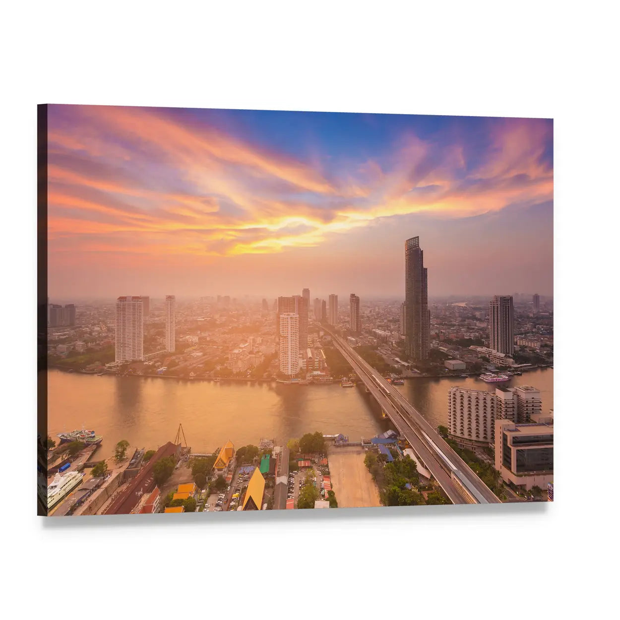 Sunset Over Bangkok Skyline Canvas Wall Art, single panel gallery wrapped canvas, angled product view